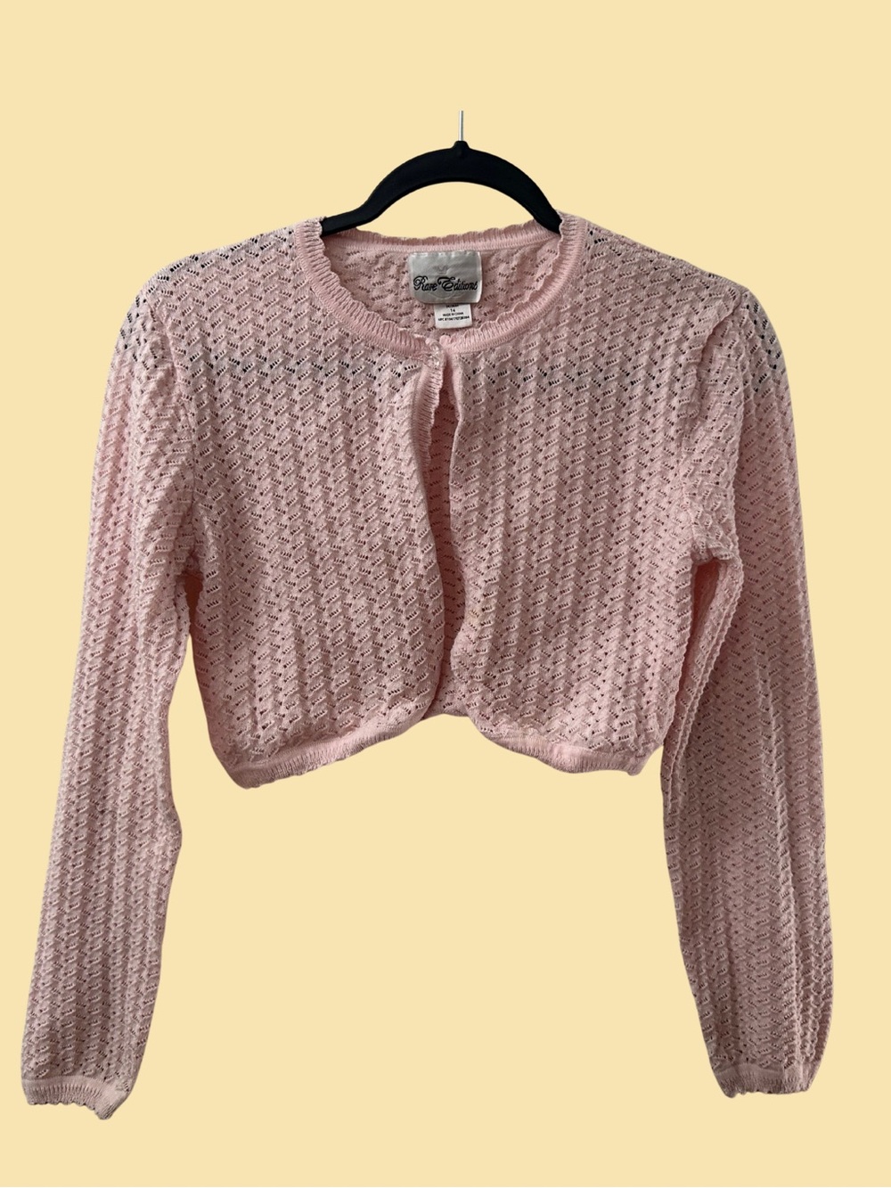 RARE EDITIONS Pink Cropped Open-Knit Cardigan Coquette SIZE XL GIRL Delicate